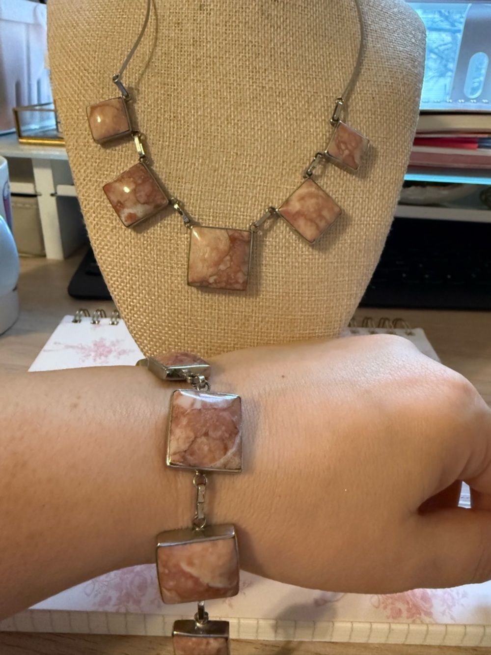 Artisan Reversible Black or Pink Stone Square Pendant Necklace and Bracelet Set